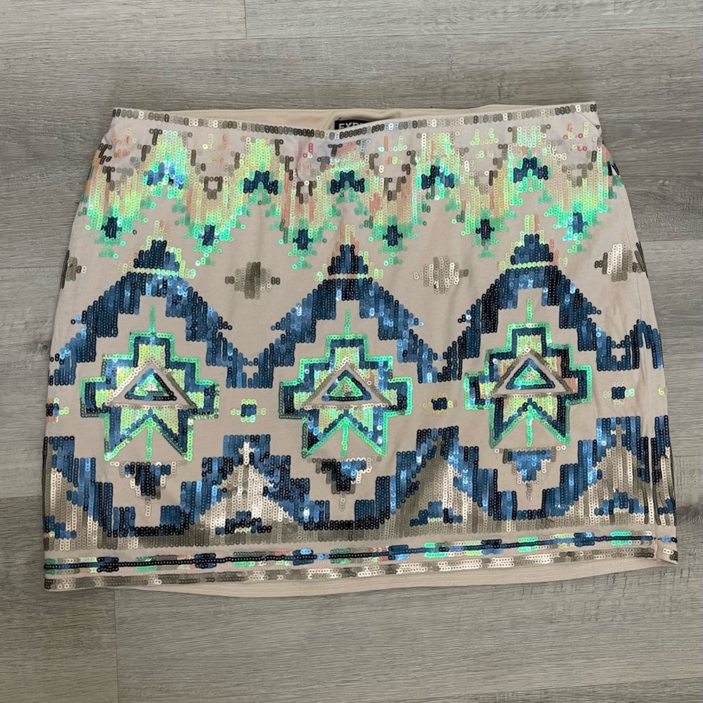 Express White and Green Sequin Mini Pencil Skirt